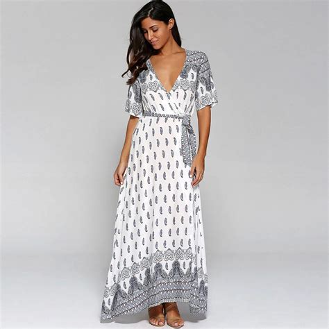 Long Summer Dress Sexy Women Short Sleeve Printed V Neck Beach Party Casual Long Dress Vestidos