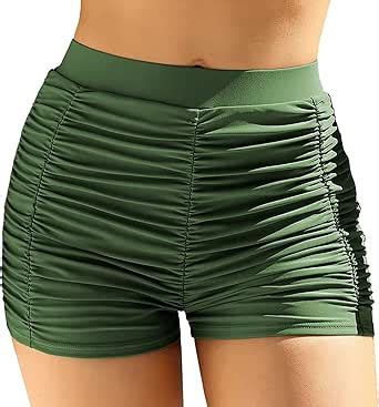 Women High Waisted Bikini Bottom Retro Ruched Swim Short Shirred Tankinis Brief Bathing