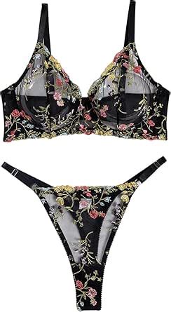 Amazon WDIRARA Women S Plus Size 2 Piece Floral Embroidery Mesh Sheer High Cut Lingerie Set
