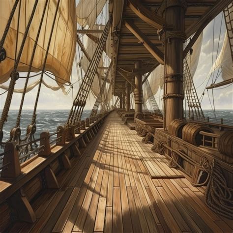 Premium Photo | Painting of a ship deck with a view of the ocean ...