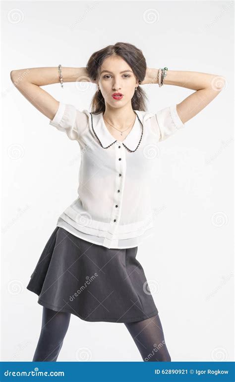 Slender Brunette Girl Removes A Business Suit Undressing Stock Image Image Of Collar