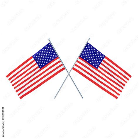 Two American Flags Arranged To Cross Each Other On Isolated White