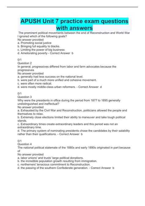 APUSH Unit 7 practice exam questions with answers - MCQ UNIT 7 PROGRESS