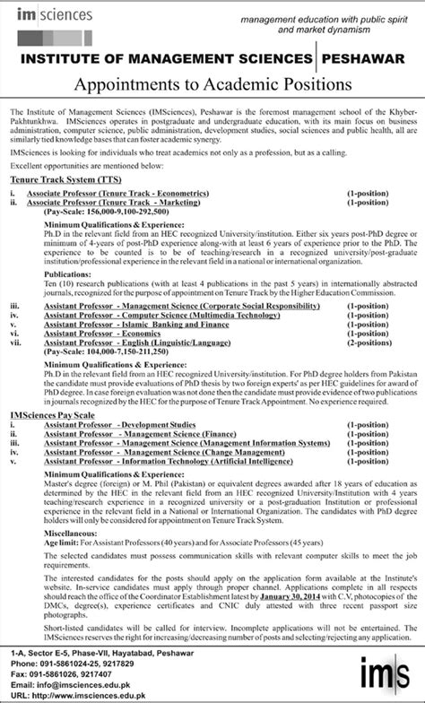 Faculty Jobs In Peshawar At Institute Of Management Sciences