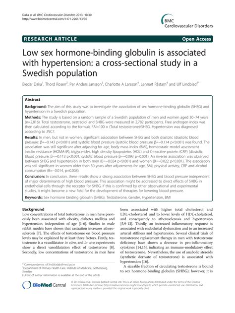 Pdf Low Sex Hormone Binding Globulin Is Associated With Hypertension A Cross Sectional Study