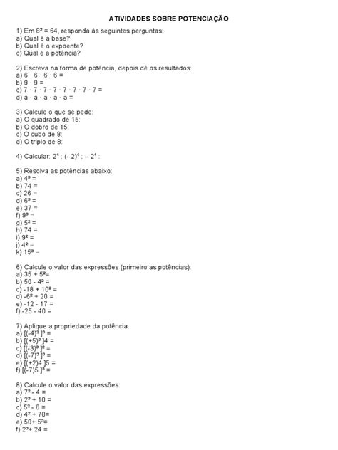 Atividade Sobre Potenciação - Atividades de Potenciação para Alunos | PDF | Métodos e Materiais de ...