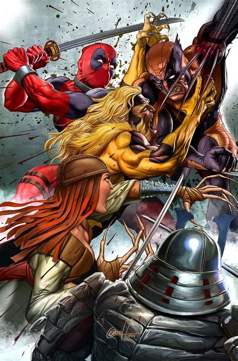 Wolverine Vs The Silver Samurai Lady Deathstrike Sabertooth And Deadpool By Greg Horn