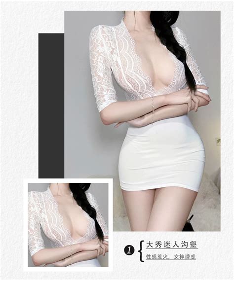 Sexy Lingerie Sexy Deep V See Through Lace Tight Fitting Hip Skirt Jumpsuit OL Uniform Shopee
