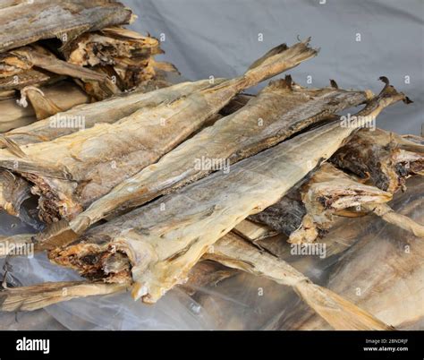 Dried Cod Stockfish For Sale In The Fish Market In Europe Stock Photo