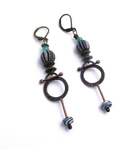 Boucles D Oreilles Rustiques Pendantes En Cuivre Et Perles Verre