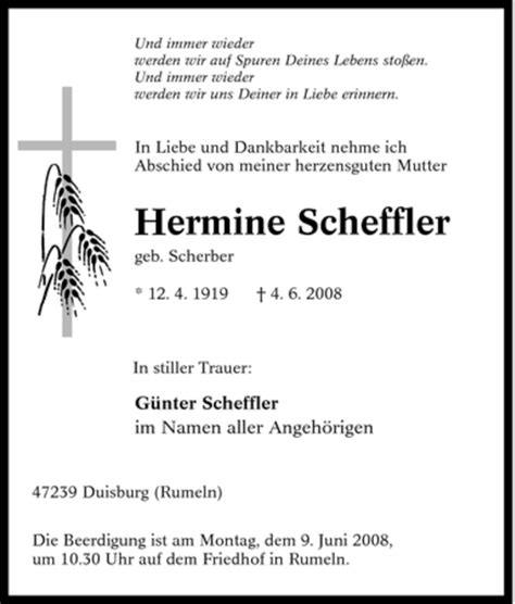 Traueranzeigen Von Hermine Scheffler Trauer In NRW De