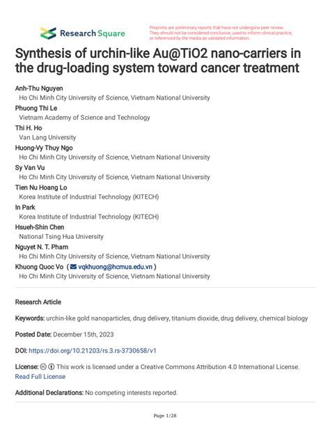 Pdf Synthesis Of Urchin Like Au Tio Nano Carriers In The Drug