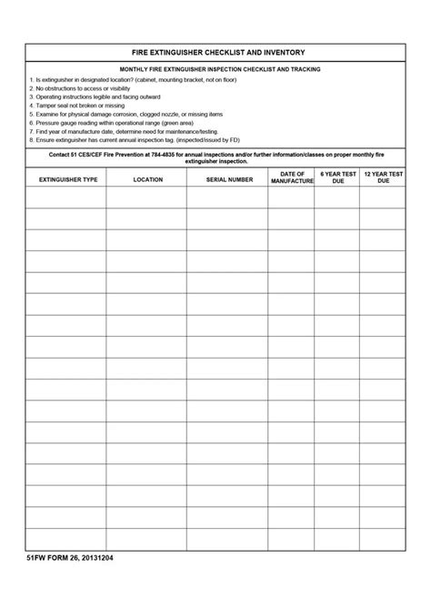 Printable Monthly Fire Extinguisher Inspection Form Template Excel