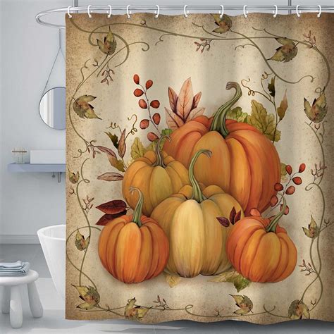 Fall Pumpkin Shower Curtain Autumn Thanksgiving Harvest Vintage Decor