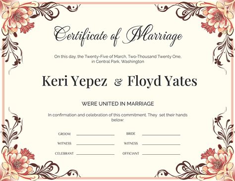 Romantic Floral Design Marriage Certificate Template Landscape