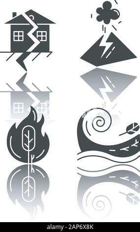 Natural Disaster Drop Shadow Black Glyph Icons Set Geological And