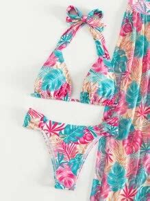 Shein Swim Tropical Print Bikini Set Halter Triangle Bra Hipster High Split Beach Skirt
