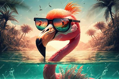 Premium Ai Image A Flamingo Wearing Sunglasses Standing In The Water