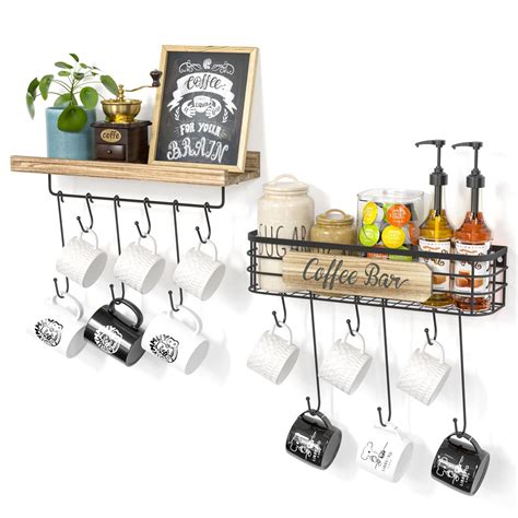 Coffee Cup Holder Coffee Bar Shelf With 12 Mug Hooks Mug Organizer