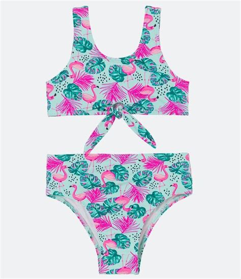 Bikini Infantil con Nudo y Estampado de Flamingos Talle 5 a 14 años Azul