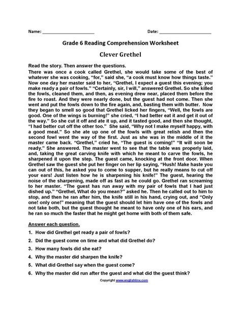 English Worksheet For 6th Grade