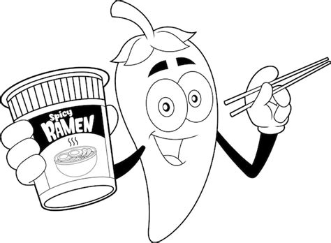 Outlined Hot Chili Pepper Personagem De Desenho Animado Presente Spicy Ramen Noodle Vetor Premium