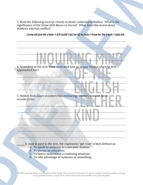 Catcher in the Rye Chapter 11 Close Reading Analysis Worksheet