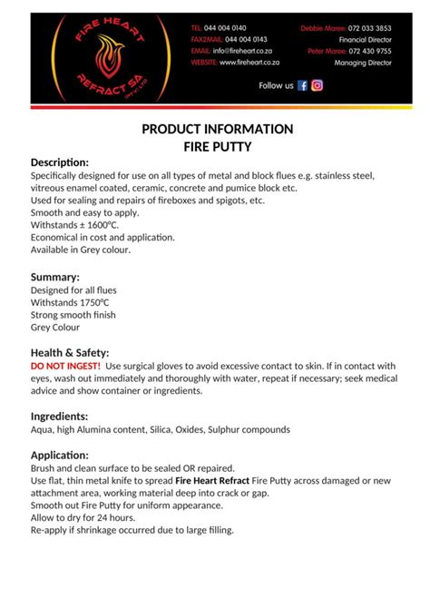 Product Information Fire Putty Fire Heart