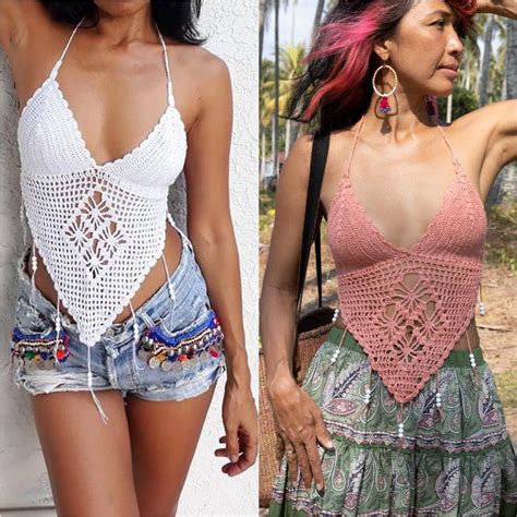 Womens White Crochet Bikini Fringe Triangle Crochet Etsy