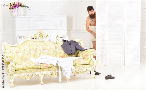 Man Lover In White Interior Caught Naked Exposing Lovers Concept Hipster Naked On Shocked
