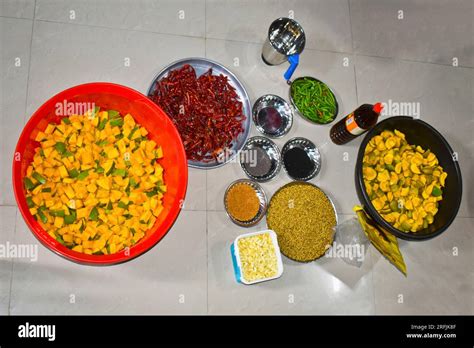 Image Of Ingredients For Making Homemade Mango Pickle Or Aam Ka Achar