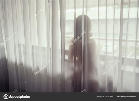 Naked Beautiful Woman Standing Transparent Curtain Big Window Stock Photo By Flowertiare