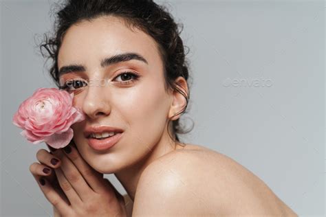 Image Of Attractive Half Naked Woman Posing With Pink Flower On Camera Stock Photo By Vadymvdrobot