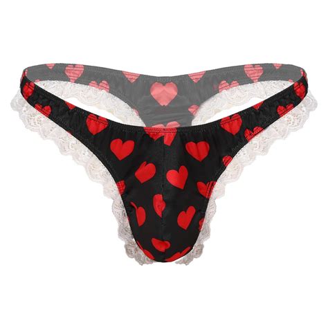 Uaang Mens Lingerie Sexy Panties Shiny Satin Low Rise High Cut Ruffle Lace Polka Dots Slip