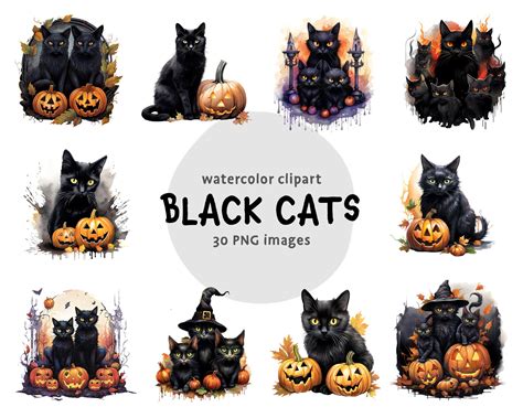 Watercolor Black Cats Clipart Halloween Clipart Black Cats Etsy