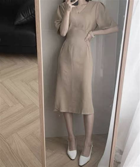 Korean Dress In Nude Biege Women S Fashion Dresses Sets Dresses On Carousell