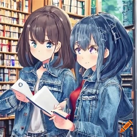 Cheerful Anime Girls Studying Science Books At An Outdoor Book Market