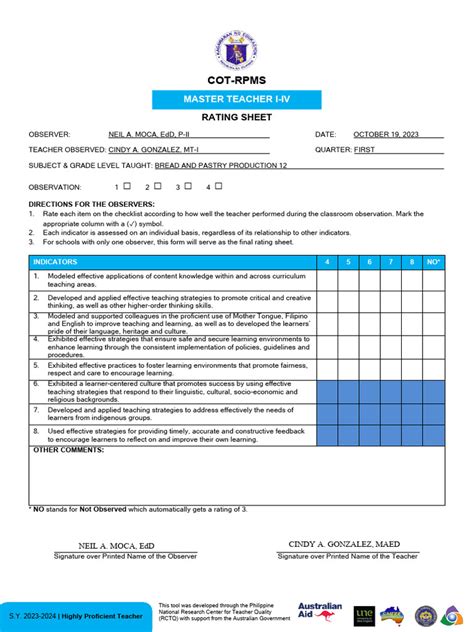 rpms rating sheet  mt  iv  sy    teachers