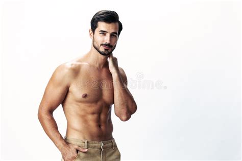 Male Athlete Model With Naked Torso And Packs Of Abs Sporty On White Isolated Background Trendy