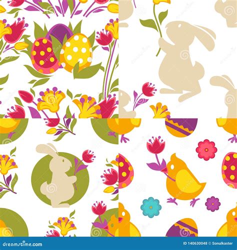 Collection Of Spring Easter Seamless Patterns With Eggs Stock Vector