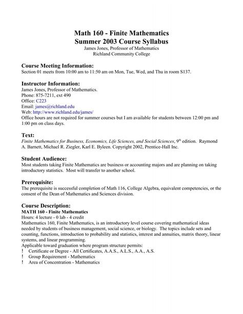 Math 160 Finite Mathematics Summer 2003 Course Syllabus