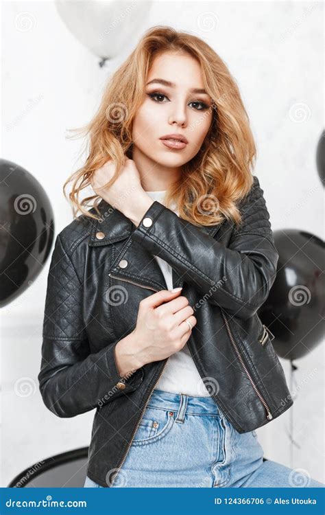 Beautiful Blonde Girl In A Black Leather Jacket Stock Photo Image Of