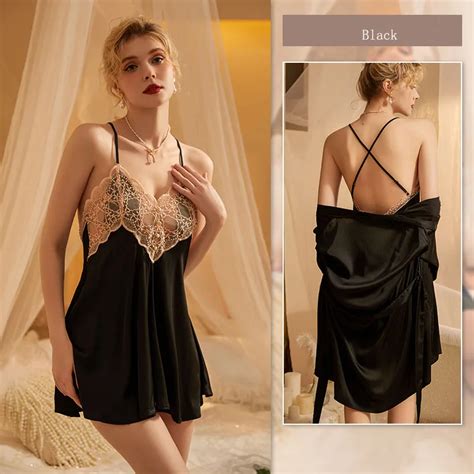 Pieces Spaghetti Straps Black Sexy Lingerie Pajamas Lace Appliques Satin Women Nightwear Hot