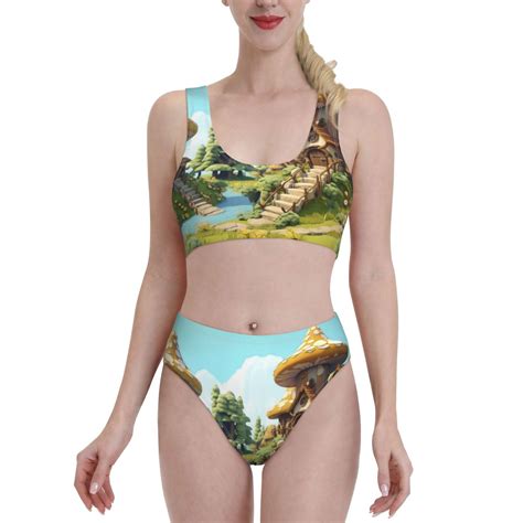 Logiee Cartoon Mushroom House Print Women S Piece Bikini Set Halter