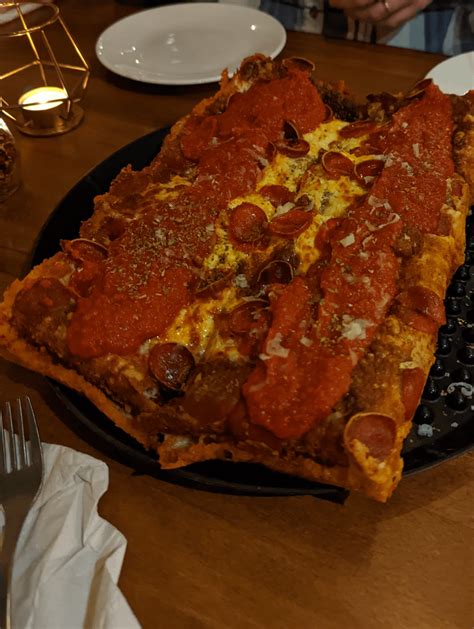 Detroit Style Pepperoni Pizza At Tommys Pizzeria Winnipeg Manitoba