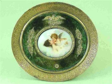 Miniature Hand Painted Porcelain Plaque Cherub Kissing Cupid Psyche Nude Antique French Edwardian