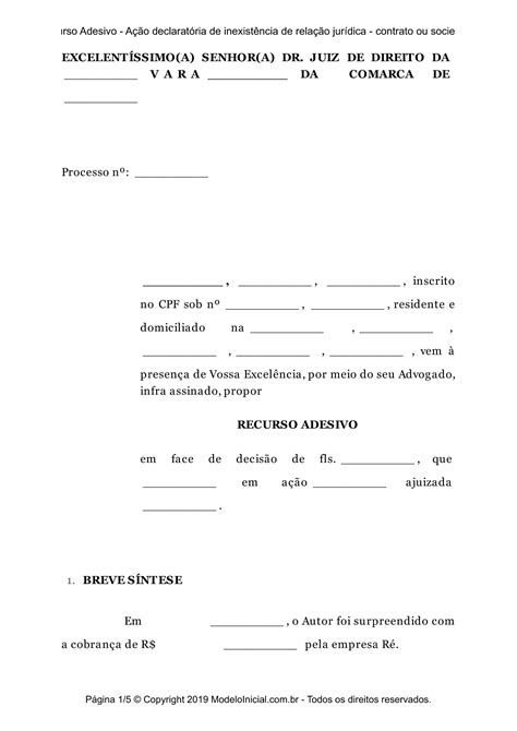 Modelo Recurso Adesivo A O Declarat Ria Inexist Ncia De Rela O Jur Dica