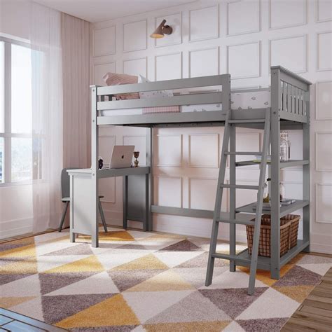 Twin Size High Loft Bed With Bookcase and Desk Grey Finish