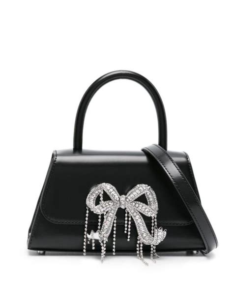 Self Portrait Bow Mini Leather Tote Bag With Crystal Details In Black