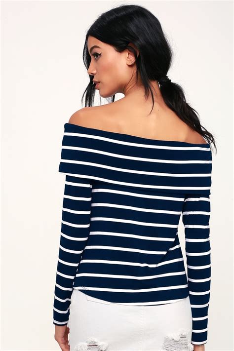 Cute Navy Blue Striped Top Off The Shoulder Top Basic Top Lulus